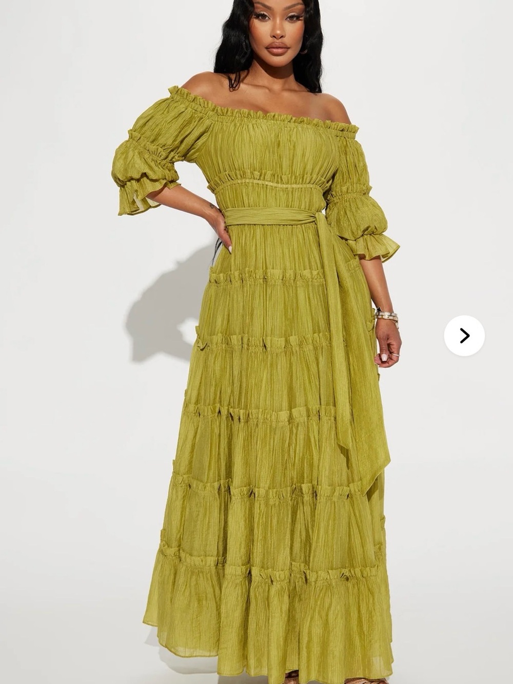 Off-Shoulder Olive Green Tiered Maxi Dress